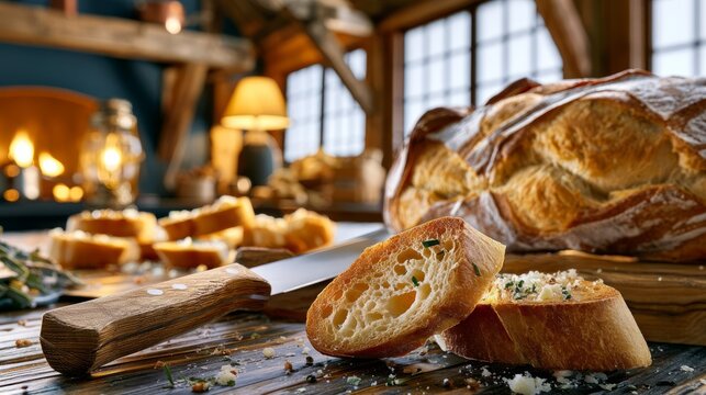 Rustic freshly baked crusty bread with herb butter on wooden table closeup