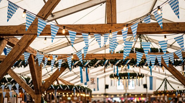 Blue and white Bavarian bunting and glowing string lights decorate a wooden Oktoberfest festival tent