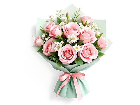 Beautiful bouquet of pink roses and white flowers wrapped in light green paper with a pink ribbon