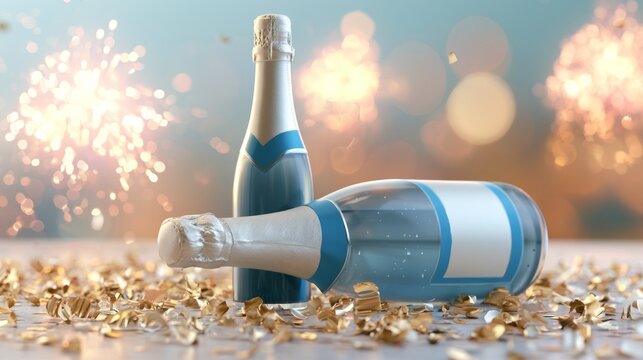 Two blue champagne bottle with gold confetti celebration sparkling background