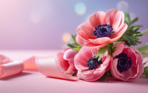 Close-up of delicate pink anemone flower bouquet with soft purple background and ribbon