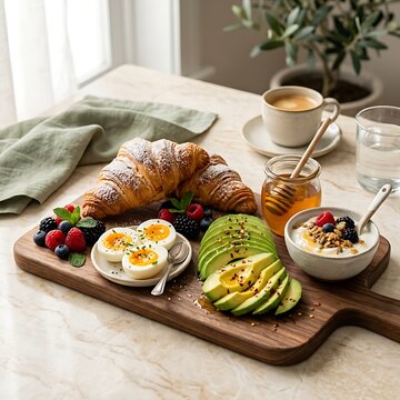 Delicious healthy breakfast spread with croissants avocado boiled eggs berries yogurt and coffee