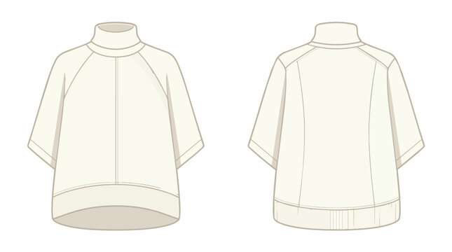Cream Oversized Turtleneck Top Short Wide Sleeve Poncho Style Women's Technical Fashion Sketch Front and Back View