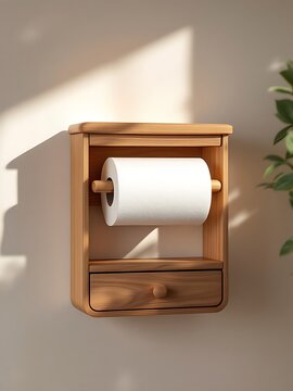 Minimalist wooden toilet paper holder with shelf and drawer mounted on beige wall