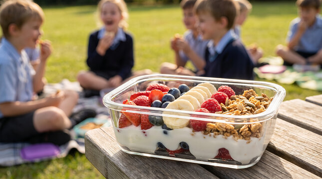 Children enjoying a picnic with fruit yogurt and granola in a park  