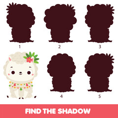 Fototapeta premium Shadow matching game. Kids activity with cartoon alpaca. Find silhouette page for toddlers