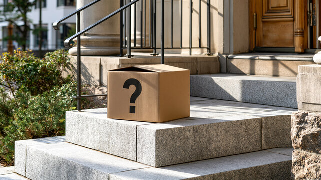 A cardboard box with a question mark printed on it left on the stone steps of a house porch. Mystery delivery, lost package or unexpected secret gift concept outdoor