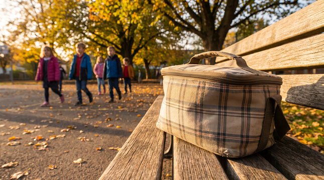 Packed lunch bag on a park bench during autumn with children walking  