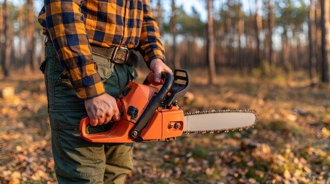 Lumberjack holding orange chainsaw in pine forest