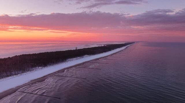Frozen Bay of Puck near Kuznica at sunset, Hel Peninsula. Poland