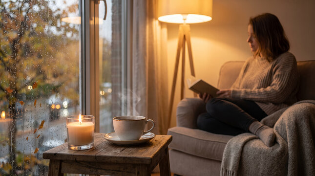 Young woman reading a book on a sofa with candles in a cozy living room  