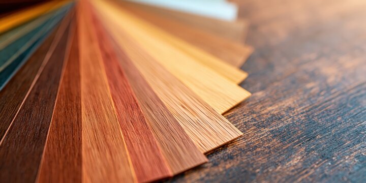 Wood veneer samples fan on rustic wooden table