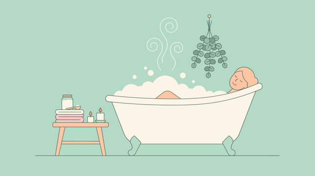Relaxing woman in a bubble bath spa treatment flat illustration