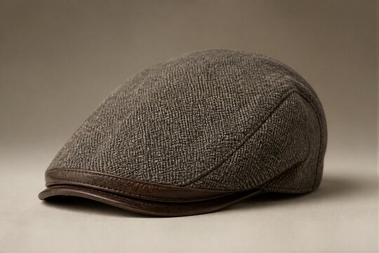 Flat cap resting on neutral studio tabletop background