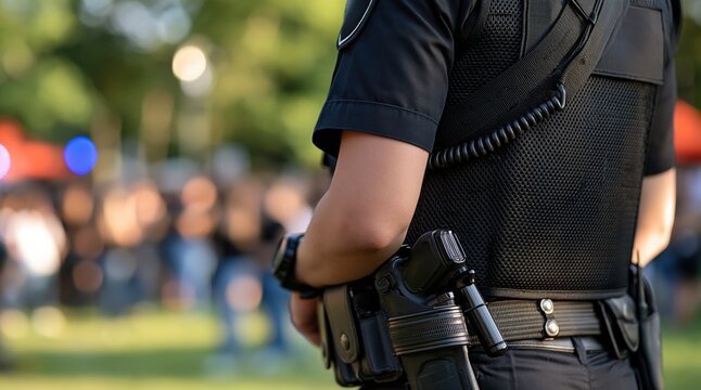 Police officer with handgun on duty belt at public event