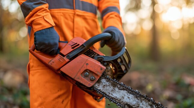Close up of person in orange overalls holding dirty chainsaw in forest