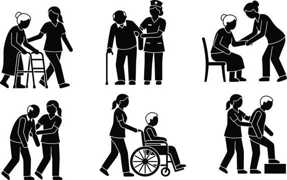 Elderly Caregiver and Patient Care Icon Set Featuring Nurse Helping Senior People Vector Graphics