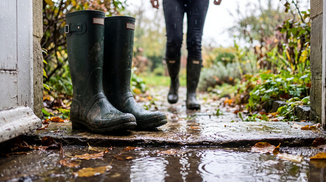 Green rain boots beside puddle on a rainy day in garden  