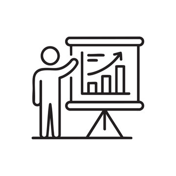 black vector line art icon of a person presenting a growth chart on a flip chart
