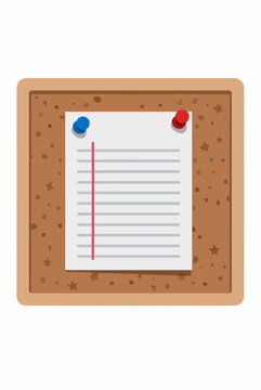 Hand-traced vector icon illustration of a school supply list pinned to a rustic corkboard, featuring lined paper, red margin, and colorful push pins, perfect for education and classroom graphics.