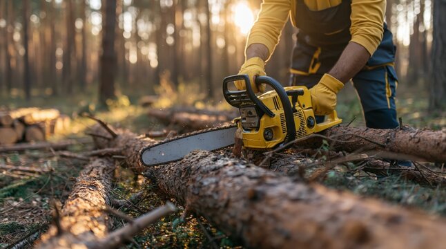 Lumberjack cutting fallen pine log with yellow chainsaw in forest at sunset