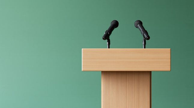 Wooden lectern with two microphones against green background