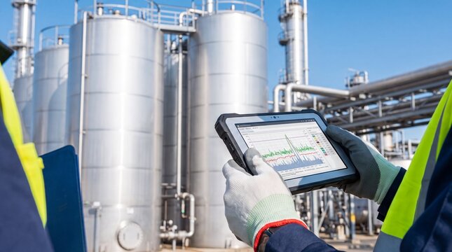 Engineer holding rugged tablet with monitoring data at industrial chemical plant. Worker in safety vest and gloves checking production charts on digital