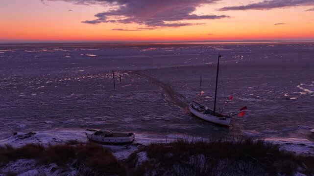 Frozen Bay of Puck near Kuznica at sunset, Hel Peninsula. Poland