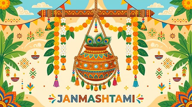 Decorated matki hanging from a rope with floral garlands, minimal Janmashtami text