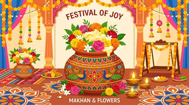 Decorative matki filled with butter and colorful flowers, minimal text, vibrant flat vector artwork