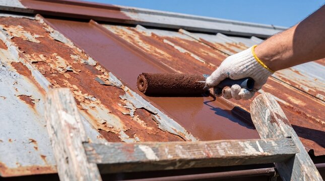 Man in gloves painting rusty metal roof with roller and brown primer paint. Roof repair and restoration work with ladder. House maintenance, corrosion protection and renovation concept.