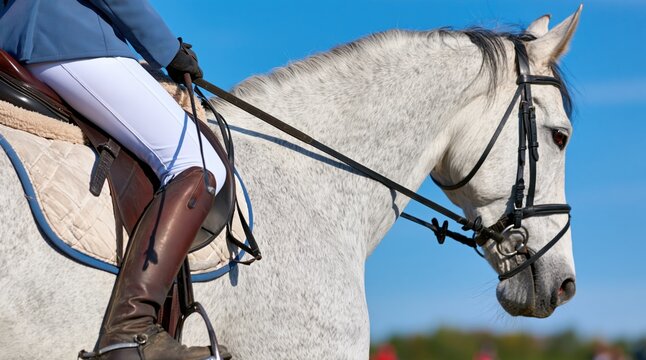Close up of equestrian rider sitting on white horse against blue sky