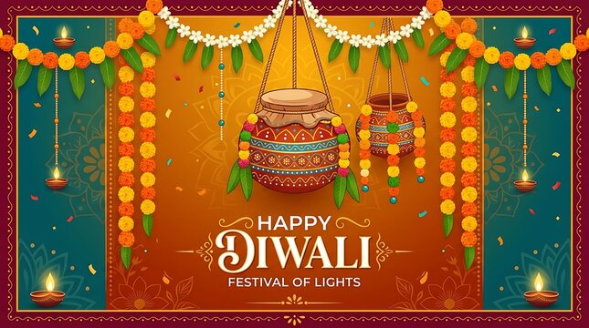 Hanging clay matki decorated with colorful garlands and minimal text, clean flat vector banner celebrating a traditional Indian festival