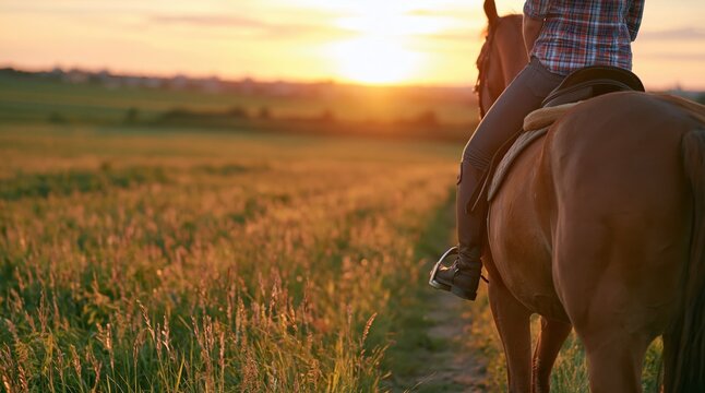 Over the shoulder view of person riding horse in field during sunset