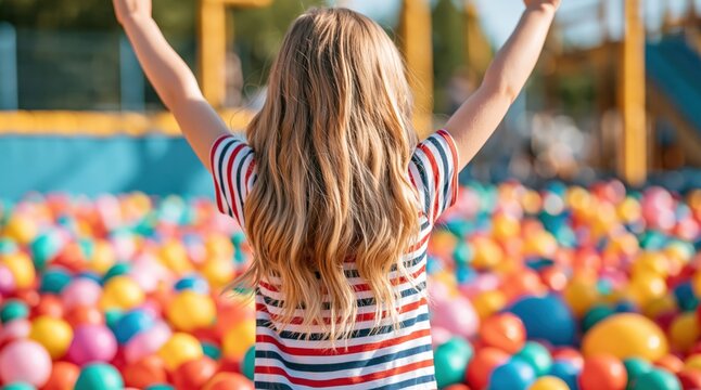 Girl with long blonde hair raising arms in colorful ball pit