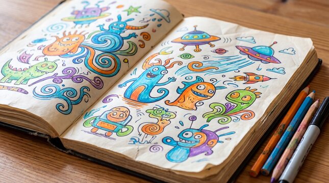 Open sketchbook with colorful doodle monsters, aliens and ufo drawings on wooden table. Child creativity and imagination concept with pencils and markers. Hand drawn art for kids education and hobby