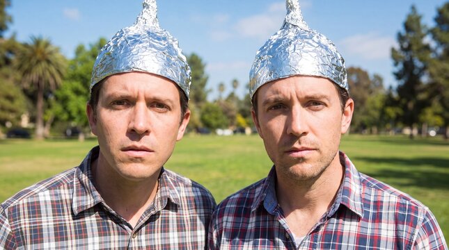 Two men wearing tin foil hats standing in park. Brothers in plaid shirts with serious faces. Conspiracy theory and paranoia concept. Belief in protection from mind control and alien signals.