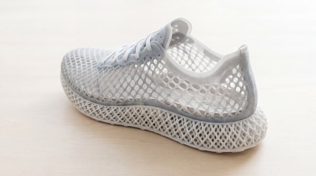White 3d printed sneaker with mesh lattice structure on wooden table. Modern running shoe made with additive manufacturing technology. Footwear innovation and future manufacturing concept.