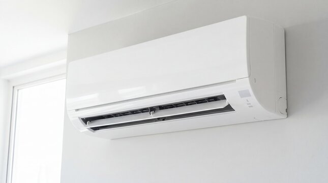 White air conditioner mounted on wall in bright room interior. Modern split system cooling unit for home climate control. Comfort, freshness and temperature technology concept.