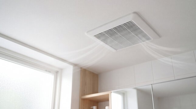 White ceiling extractor fan with air flow in bright bathroom. Ventilation and air circulation system at home. Indoor climate control, humidity removal and fresh air concept for interior design.