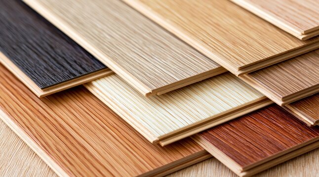 Variety of wood laminate flooring samples with different textures and colors