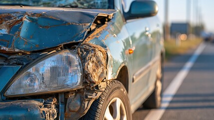 Fototapeta premium Front damage of crashed car with smashed hood and headlight on road