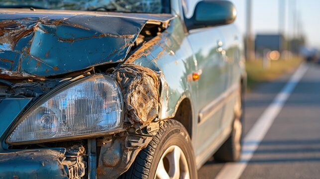 Front damage of crashed car with smashed hood and headlight on road