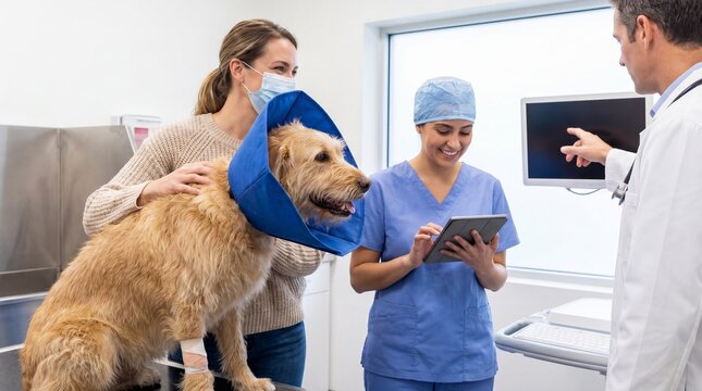 Woman owner with dog in protective cone collar at vet clinic. Veterinarian in scrubs using tablet and doctor pointing at x-ray