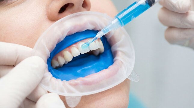 Woman patient receiving teeth whitening gel application with syringe at dental clinic. Dentist applying blue etching gel on enamel with rubber dam and cheek