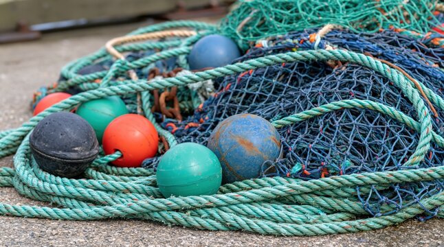 Colorful fishing nets ropes and buoys piled on harbor ground