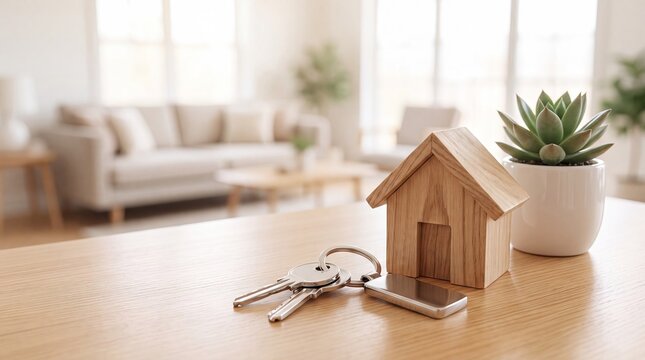 Wooden house model with keys on table in bright living room. Real estate and property purchase concept. New home buying, mortgage and rental for family living.