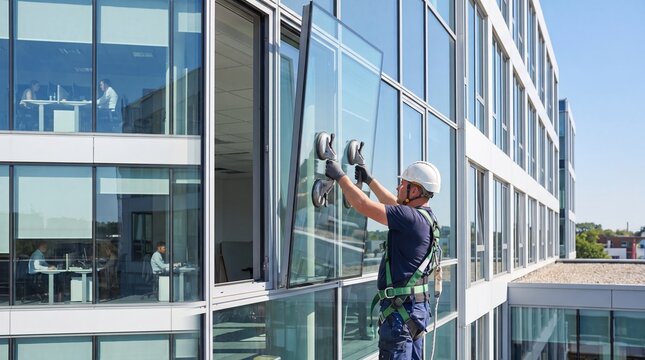Worker in helmet installing glass panel on modern office building facade. Man with safety harness and suction cups mounting windows. Construction, glazing and building maintenance concept