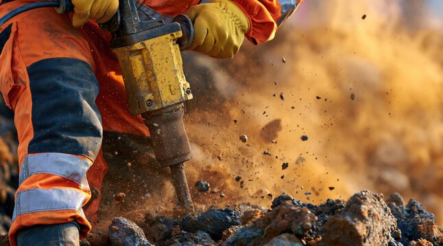 construction worker using jackhammer to break ground