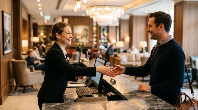 Friendly hotel receptionist in black blazer smiling behind polished marble front desk warmly greeting male guest in elegant lobby with chandelier and seating area hospitality service concept